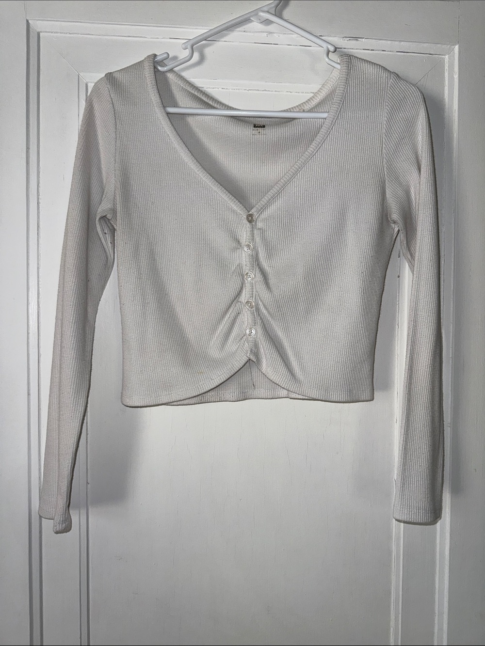 Waffle Knit V-Neck Button Front Long Sleeve Crop Top - White